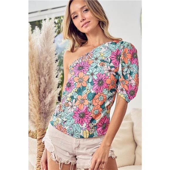 ✨NWT BiBi Floral Puff Sleeve One Shoulder Top - Picture 5 of 5